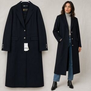NWT Zara Manteco Wool Blend Coat Women XXL Black Long Button Overcoat